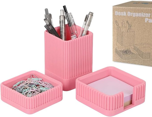 Aesthetic Desk Organizers and Accessories Set of 3 with Pen Holder,Paperclip Holder,Sticky Note Holder - Durable Plastic Pencil Holder for Office Women Men-Teacher Appreciation/Back-to-school Gift