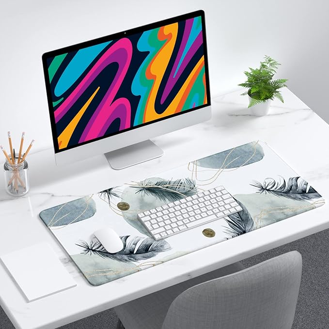 Desk Mat, 32" x 12" XXL Extended Large Gaming Mouse Pad, Desktop Decor Desk Pad, Cute Men Women Office Supplies and Accessories, XL Mouse Mat for Laptop & Keyboard, Minimalism Feather