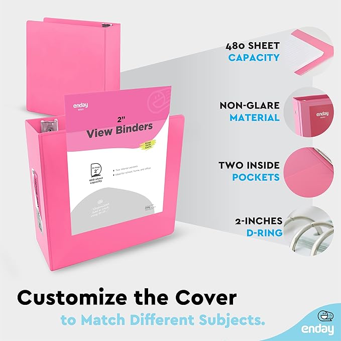 2 Inch 3 Ring Binder 2” Pink, Slant D-Ring 2 in Binder Clear View Cover with 2 Inside Pockets, Heavy Duty Colored School Supplies Office and Home Binders – by Enday