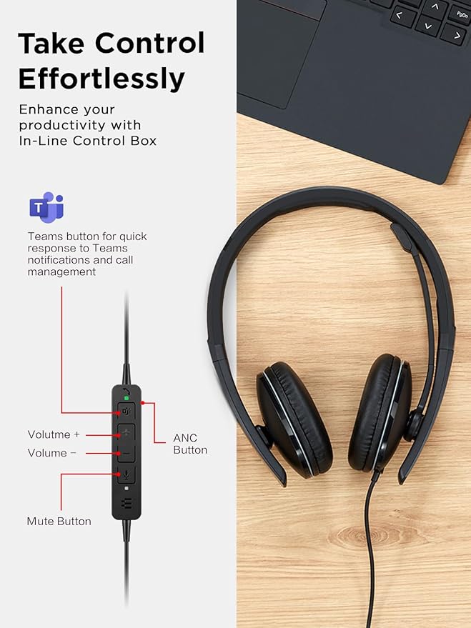 Lenovo Wired ANC Headset Gen 2 (Teams) with Active Noise Cancellation, EPOS BrainAdapt & ActiveGard Tech, Lightweight, USB-C, Plug-and-Play, Zoom Certified, Customizable, Hearing Protection