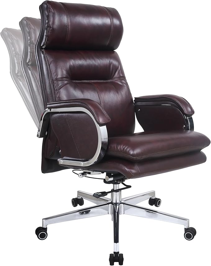 Genuine Leather Modern Executive Chair High-Back Support 90 to 150 Degrees Tilt and Upholstered Home Desk Chair with Base 360LB Capacity Swivel Computer Office Chair (Brown)
