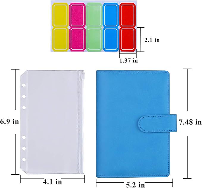 Antner A6 Budget Binder with Zipper Cash Envelopes for Money Organizer & Budgeting, PU Leather Budget Planner Money Saving Binder with Cash Stuffing Envelopes & Labels for Home Office Travel, Sky Blue