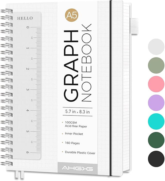 AHGXG Graph Paper Notebook - Spiral Notebook Journal 160 Pages, A5 Graph Notebook 5.7" x 8.3", 100 gsm Thick Grid Paper, Waterproof Plastic Cover, for School Writing Engineering Math, Transparent