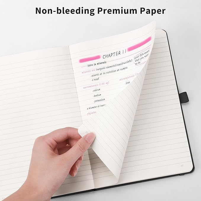 RETTACY Lined Journal Notebook, 2-Pack, 192 Numbered Pages per Pack, A5 Medium Size (5.7'' x 8.3''), for Men & Women, Writing, Work, Leather Hardcover, 100 GSM Thick Paper (Black & Pink)