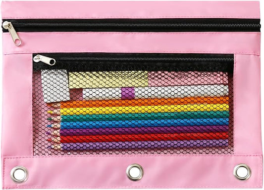 3 Ring Binder Pencil Pouch - School Pencil Case with 2 Zippered Pockets, Clear Mesh Window Pencil Bag, B5 Size, Back to School Gifts (Pink)