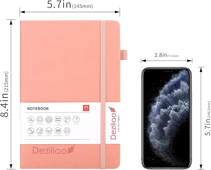 Deziliao Lined Journal Notebooks with Pen Loop, Hardcover Notebook Journal for Work, 100Gsm Premium Thick Paper with Inner Pocket, Medium 5.7''''x8.4'''', ?Pink, Ruled, 1 Pack