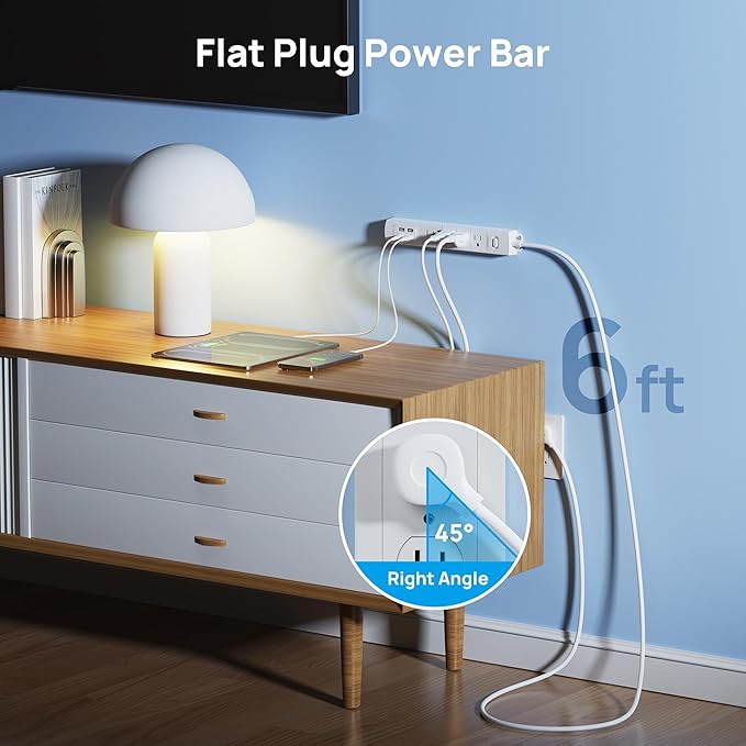 TROND Surge Protector Power Strip with USB, Ultra Thin Flat Plug 6ft Extension Cord 1625W, 3 USB A & 1 Type C, 4 AC Outlets 1440J Surge Protection ETL Listed, Wall Mount for Home Office Dorm, White