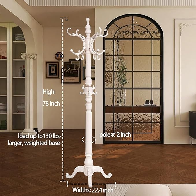 Wooden Coat Racks, Retro 78" Coat Tree with 12 Hooks & Stable Triangular Base, Entryway Coat Rack Freestanding for Hat, Clothes, Scarves, Handbags, Umbrella (Ivory)
