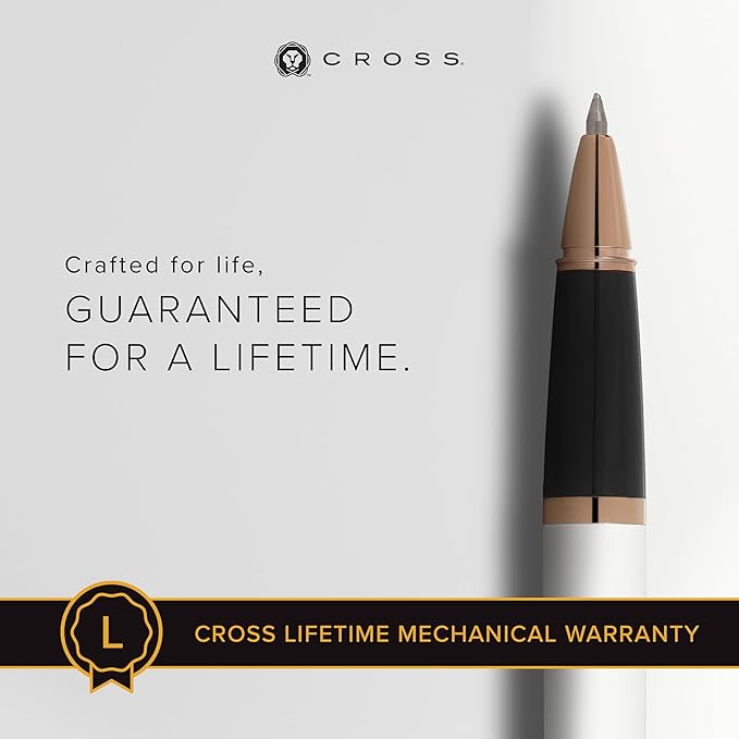 Cross Bailey Refillable Rollerball Pen Presented in a Premium Gift Box - Medium Point, Black Ink, White & Rose Gold