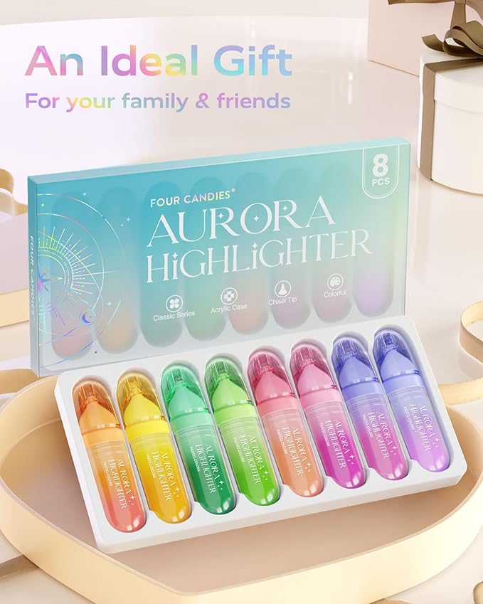 Four Candies 8 Pcs Highlighters Assorted Colors, Cute Pastel Highlighter Set, Quick-Dry, Soft Chisel Tip, No Bleed Bible Highlighter, Aesthetic Highlighters for School, Christmas