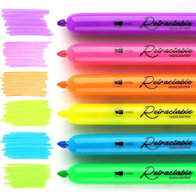 WRITECH Retractable Highlighters Assorted Colors: Chisel Tip Click Aesthetic Highlighter Marker Pens Pack Multi Colored Ink No Bleed Smear for Highlighting Journaling (6ct Neon)