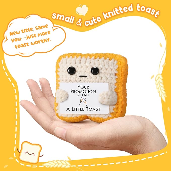 Crochet Toast Promotion Gifts – Handmade Congratulations Plush - Funny Career Change New Title Gift for Coworker, Friend, Son, Daughter, Boss, Manager, Employee – Small Office Decor for Desk