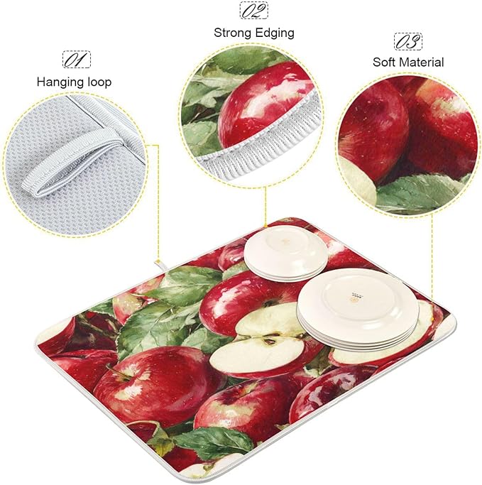 Leaves Red Apples Dish Drying Mat 18 X 24 Inch Natural Fresh Fruits Dry Dishes Pads Tableware Mats Absorbent Microfiber Protector for Kitchen Countertops Counter Home Decorations
