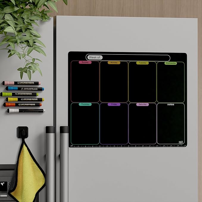 MAG-FANCY Magnetic Calendar for Refrigerator Black Weekly Planner Dry Erase Calendar Chalkboard Semi-Gloss Planning Board 6 Fine Tip Wet Erase Markers & Mounts for Wall Hanging