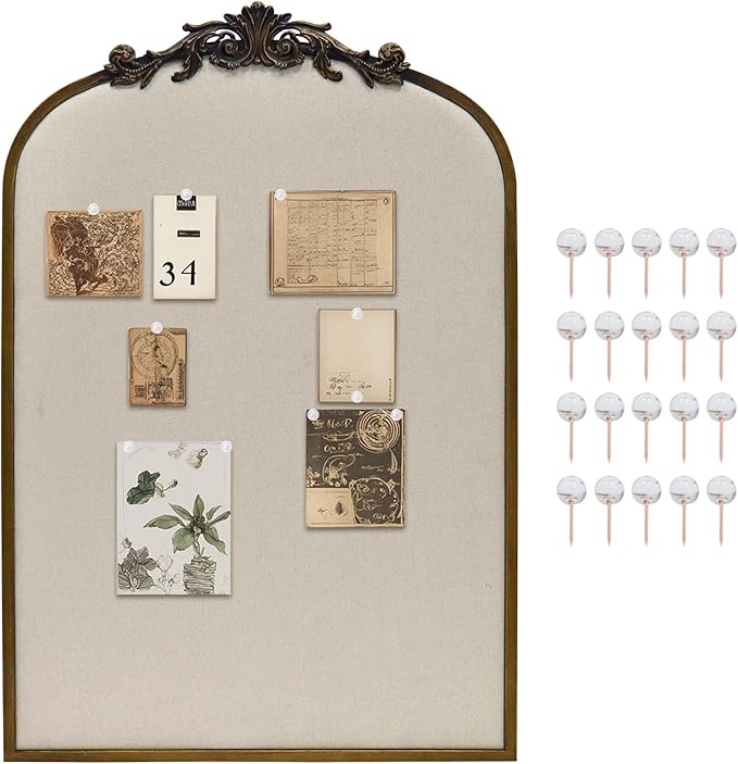 Arch Fabric Pinboard, Antique Gold Bulletin Boards 24"x36", Vintage Cork Board with Ornate Iron Frame for Wall Unique Display, Organization and Decor Options