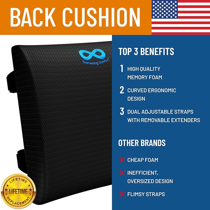 Everlasting Comfort Lumbar Support Pillow for Office Chair - Memory Foam Back Cushion for Car Seat - Promotes Better Posture, Back Pain Relief - Ideal Gaming and Desk Chairs Work and Home Essentials