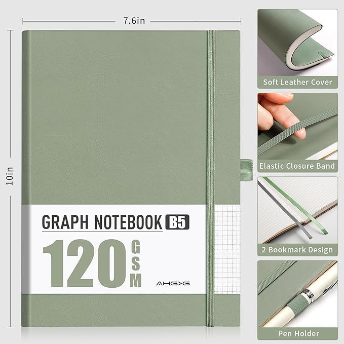 AHGXG Graph Paper Notebook - Grid Notebook Journal, 120 GSM Thick Graph Paper, Large B5 Notebook 96 Pages, Leather Softcover, for Graphing, Writing, Math, Engineering, 7.6'' X 10'' - Sage Green