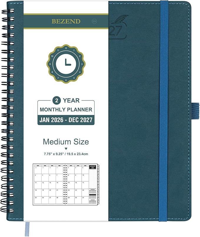 BEZEND Monthly Planner 2026-2027 (Spiral-7" x 9") 2 Year Calendar Book with Note Pages - Jan 26 to Dec 27-120 GSM Paper, Inner Pockets, Laminated Tabs, Vegan Leather Softcover - Dark Green