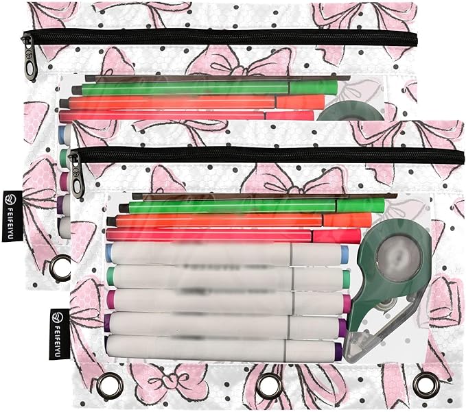 Cute Bows Pink Pencil Pouch for 3 Ring Binder, 2 Pack Waterproof Pencil Bags Clear Window Zipper School Office Supplies