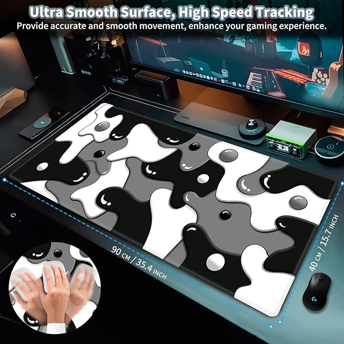 Gaming Mouse Pad, Grey Black White Big Desk Pad for Keyboard and Mouse, Extended 35.5" X 15.75" in Computer Keyboard Mouse Mat 3mm Thick XXL Rubber Mousepad for Laptop Gamer, Cool Geometric