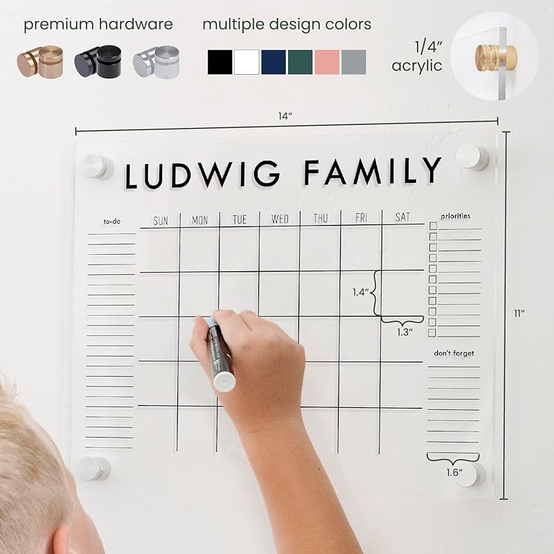 Personalized Clear Acrylic Calendar for Wall, Calendar Whiteboard for Wall, Dry Erase Wall Calendar, Wall Calendar Organizer System for Home (Block, Grey, 14"W x 11"H)