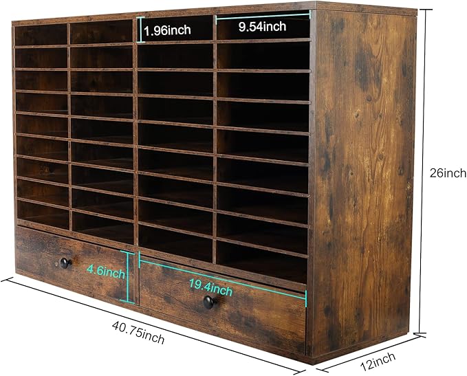 PAG Mail Sorter Organizer, Wood Literature Organizer, Student Mailbox for Classroom, Desktop Bill Paper Organizer for Office Home School, 38 Compartments, Antique Brown