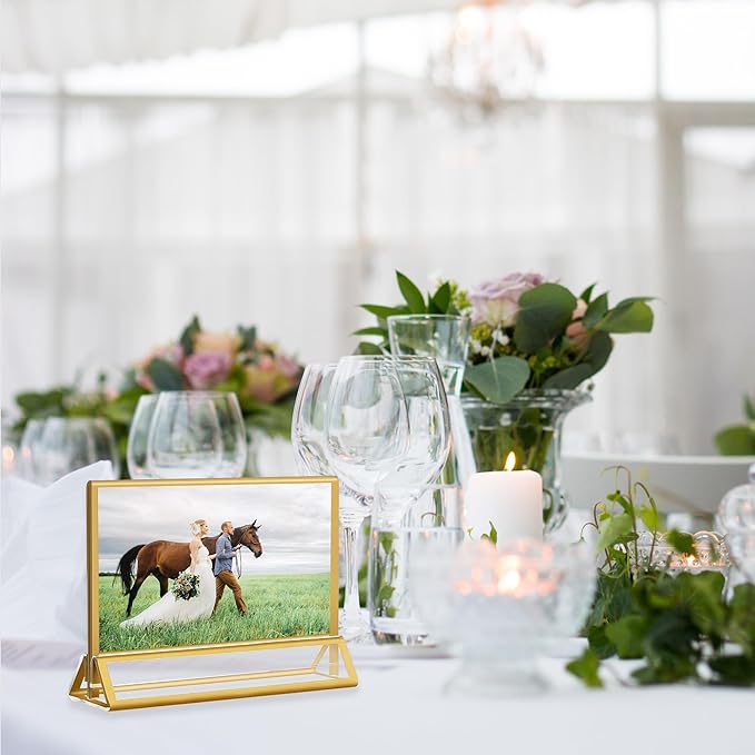Acrylic Sign Holders Golden Border 8 Pack 7x5 Wedding Table Number Frames Double Sided Table Menu Stands with Horizontal Stand, Photos and Art Display