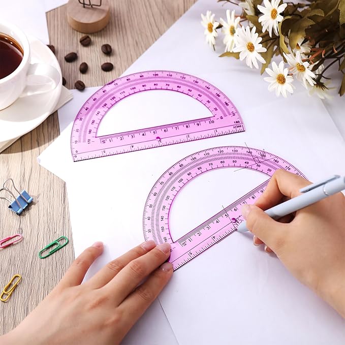 Zonon 2 Pcs 6 Inch Plastic Protractor Math Protractors 180 Degrees Angle Measurement, Translucent for Geometry Classroom Kid Student School Office Supplies(Pink)