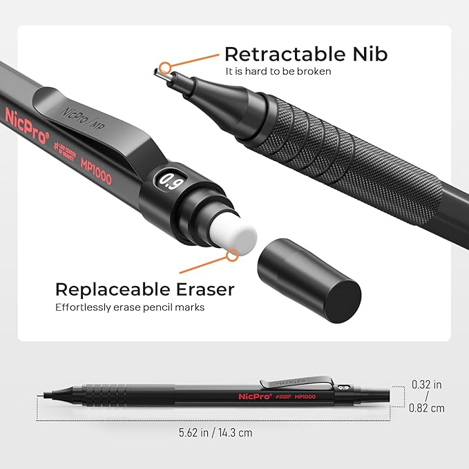 Nicpro 0.9 Metal Mechanical Pencil Set with Case, 3PCS Black MP1000 0.9mm Drafting Pencil, 8 Tubes HB Lead Refills, 3PCS Erasers, Erasers Refills for Artist Writing, Drawing, Sketching