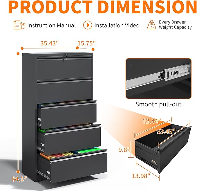 Locking File Cabinet with 5 Drawer Heavy Duty Large Metal Filing Cabinet Home Office Lateral File Cabinets Wide Steel Cabinets for Legal/Letter Size Files,Assembly Required