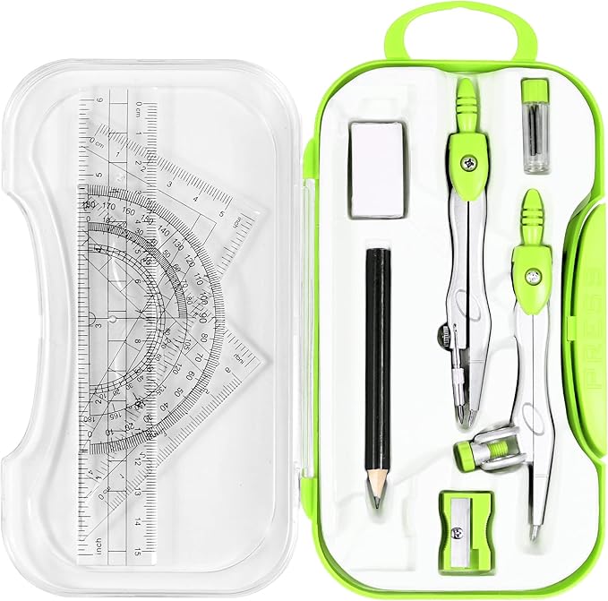 Math Geometry Kit Sets 10 Piece Student Supplies with Shatterproof Storage Box,Includes Rulers,Protractor,Compass,Eraser,Pencil Sharpener,Lead Refills,Pencil,for Drafting and Drawings（Green）