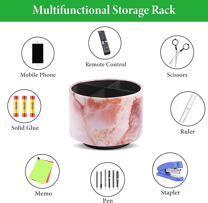 Round Leather Art Supply Organizer,Remote Control Holder,360-degree Rotating Pen Organizer with 4 Compartments(1-Marble Pink)