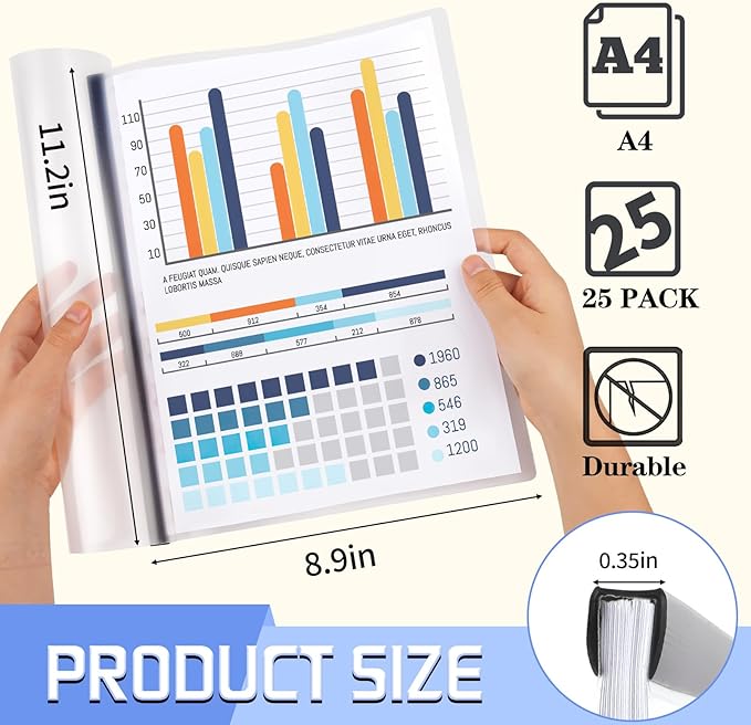 25 Pack Report Covers with Sliding Bar, Clear Report Covers for A4 and Letter Size Paper, Presentation Folders Resume Document Covers for School Office, Black