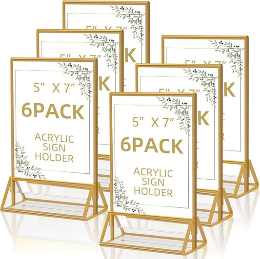 Acrylic Sign Holder 5x7 Gold Display Stand, Clear and Stable Table Plastic Paper Holder, Acrylic Frames for Home Office Shop Photo Frames Exhibition (6pcs)