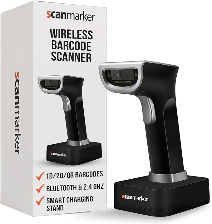 Scanmarker 1D/2D Wireless Barcode Scanner – Boost Speed & Accuracy with Bluetooth & 2.4G Modes – Handheld QR Code Scanner with Charging Stand for Easy scanning on Laptop, iOS & Android