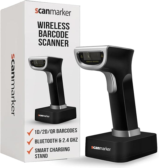 Scanmarker 1D/2D Wireless Barcode Scanner – Boost Speed & Accuracy with Bluetooth & 2.4G Modes – Handheld QR Code Scanner with Charging Stand for Easy scanning on Laptop, iOS & Android