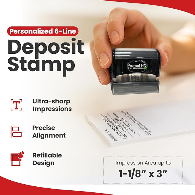 Promot Pre-Inked Custom Deposit Stamp - Personalized Text, Refillable Custom Stamp with Built-in Ink Reservoir, Easy 3-Step Re-Inking, Customized Rubber Stamp for Bank and Businesses (6-Lines)