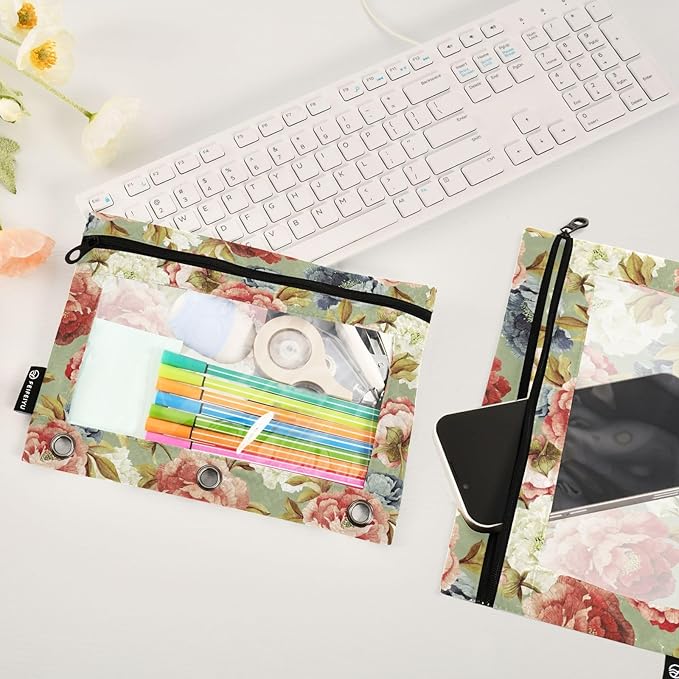 ALAZA Pencil Pouch for 3 Ring Binder, Retro Peony Floral Binder Pencil Pouches with Clear Window Zipper Pencil Case Cosmetic Bags for Office College Supplies, 2PCS