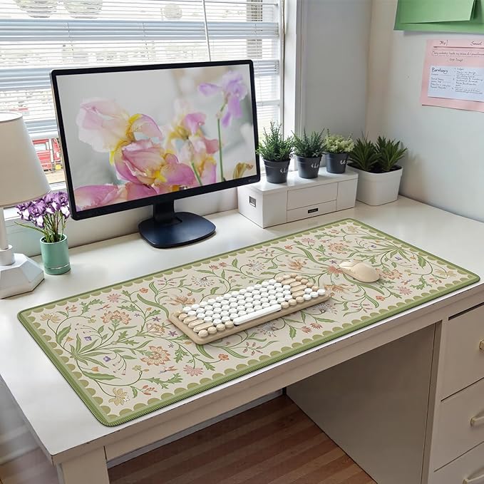 HAOCOO Light Green Iris Flower Desk Pad Mat, Non-Slip XXL Mouse Pad with Stitched Edges, Cute Floral Computer Mat, Elegant Desk Decor for Home, School, Office Accessories