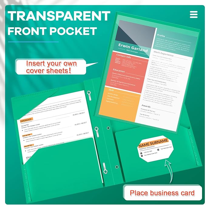 Henoyso 48 Pcs Plastic Folder with Clear Front Pocket and 3 Prongs Heavy Duty Plastic Folders with Card Slot Pocket Folders with Prongs for School Office Home(Green)