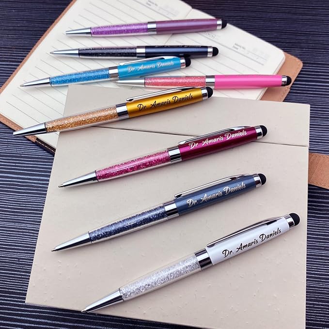 Ancolo Custom Ballpoint Pens Stylus Tip Blue Crystal-Custom personal pens School Writing Set- Engraved Name pens - with Your Team Name or Slogan/Phone number/Address- 10 Pens/Box