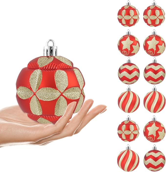 4 Inch Red Gold Christmas Ornaments, 12Pcs Large Shatterproof Christmas Bulbs Ornaments, Big Christmas Balls Hanging Decorations for Christmas Trees Holiday Parties Malls (Red & Gold)