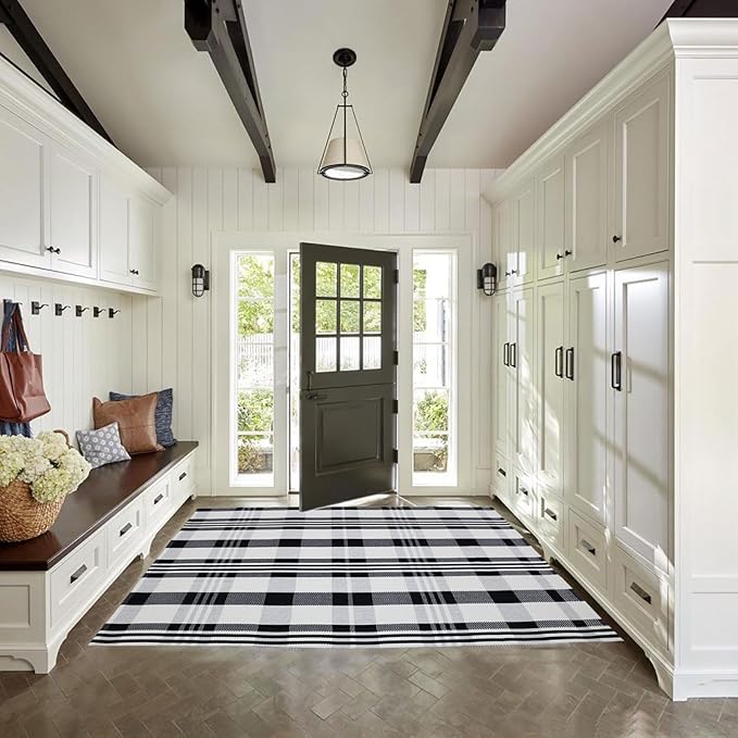 Fall Décor Plaid Rug, 4' x 6' Black&White Check Indoor/Outdoor Area Rug, Layering Rug for Hello/Welcome Door Mat, Machine Washable Cotton Woven Rugs for Farmhouse Front Porch, Entryway
