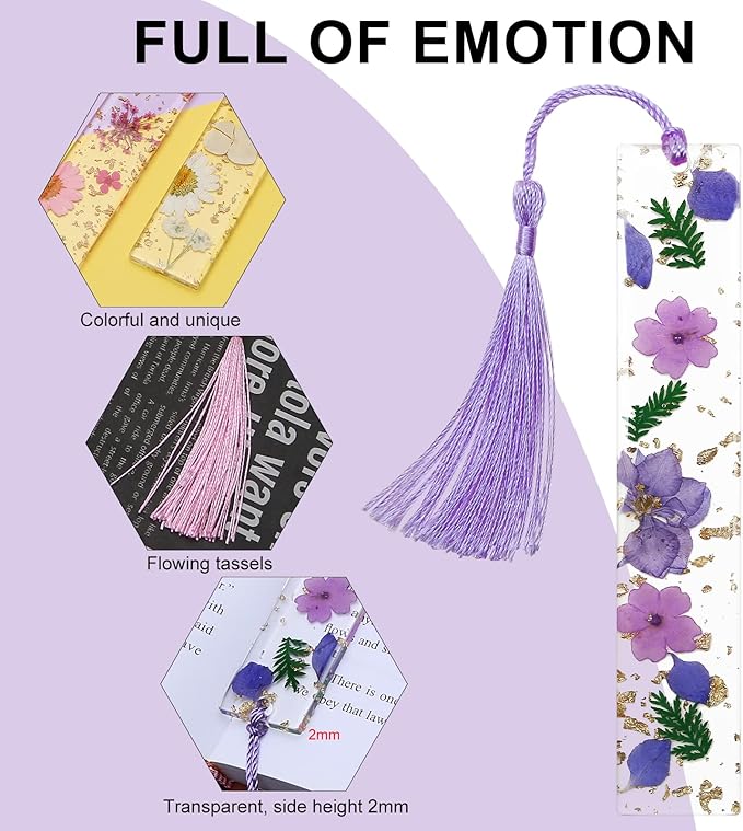 Bookmarks for Women, Kaluofan 2PCS Book Marks for Reading Women, Durable Handmade Dried Flower Resin Bookmarks with Tassels, Pretty and Increase Reading Interest