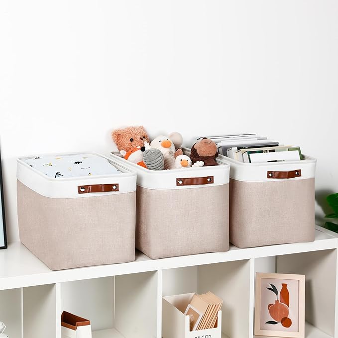 DULLEMELO Fabric Storage Bins, Lining Fabric Baskets For Gifts, Large Storage Baskets for Toys Books Clothes Storage, Foldable Storage Basket for Office Home Shelves Closets Organizing(White&Khaki)