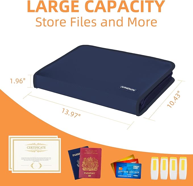 JUNDUN Accordion File Organizer - 12 Pocket Expanding File Folder with Zipper & Labels - Fireproof File Folder Organizer with Multi-Pockets,Document Organizer for Letter A4 Files and More (Blue)