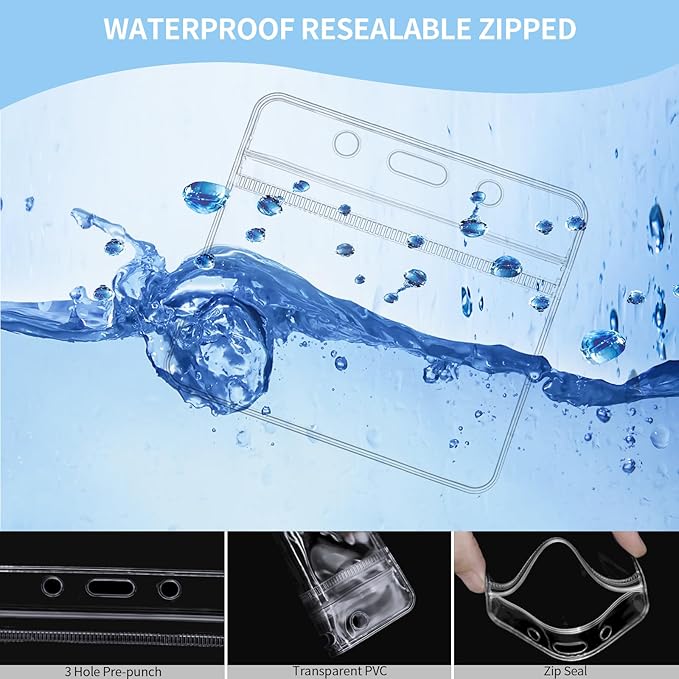 RexID 100 Pcs Horizontal ID Holder Badges Name Tags,Waterproof Clear Plastic ID Card Holders with Blue Lanyard (100 Pcs (Horizontal), Blue)