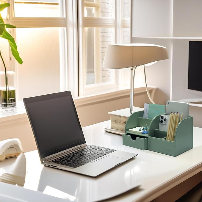 UnionBasic Desk Organizer, Multi-functional Leather Desktop Office Organizer, Pen Holder - Business Card/Pen/Pencil/Mobile Phone/Stationery Holder Storage Box, Malachite Green