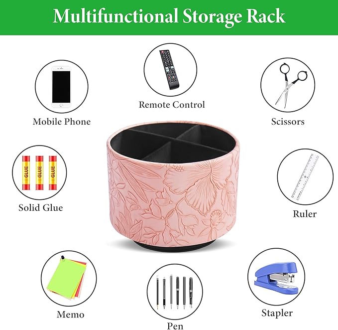 Hennaja Round Leather Art Supply Organizer,Remote Control Holder,360 Degree Spinning,Multi-Functional Pencil Holder,4 Compartments Desktop Stationary Organizer(1-Carved Pink)