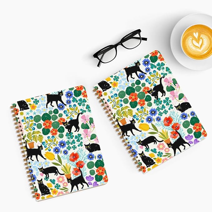 2Pcs Cute Spiral Notebook, Floral Cat College Ruled Spiral Notebook, 160 Pages Hardcover Notebooks Journals for Writing Travel Business Office, Funny Aesthetic Notebooks for Women Cat Garden